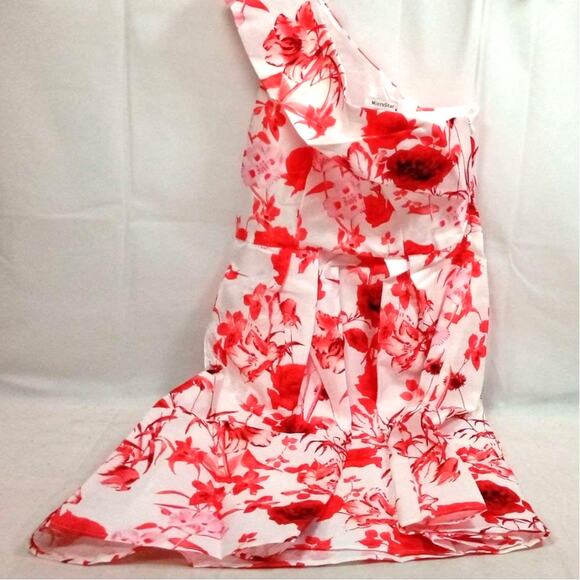 Microstar, Red n Pink Floral Printed Shimmer Dress, With A Bare Shoulder M - Picture 6 of 10
